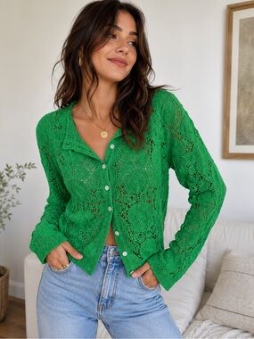 Bright Green Crochet Look Button-Up Cardigan